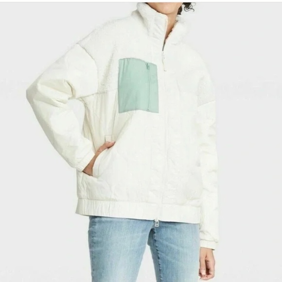 Universal Thread Full Zip Sherpa Nylon Jacket Cream Teal - Picture 14 of 14